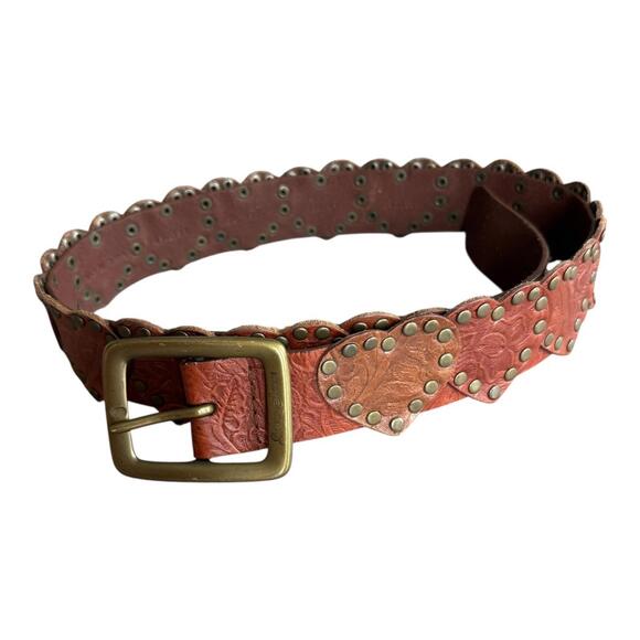 Guess Vintage Brown Leather Belt with Heart Studded Solid Brass Buckle Size L - Picture 1 of 9